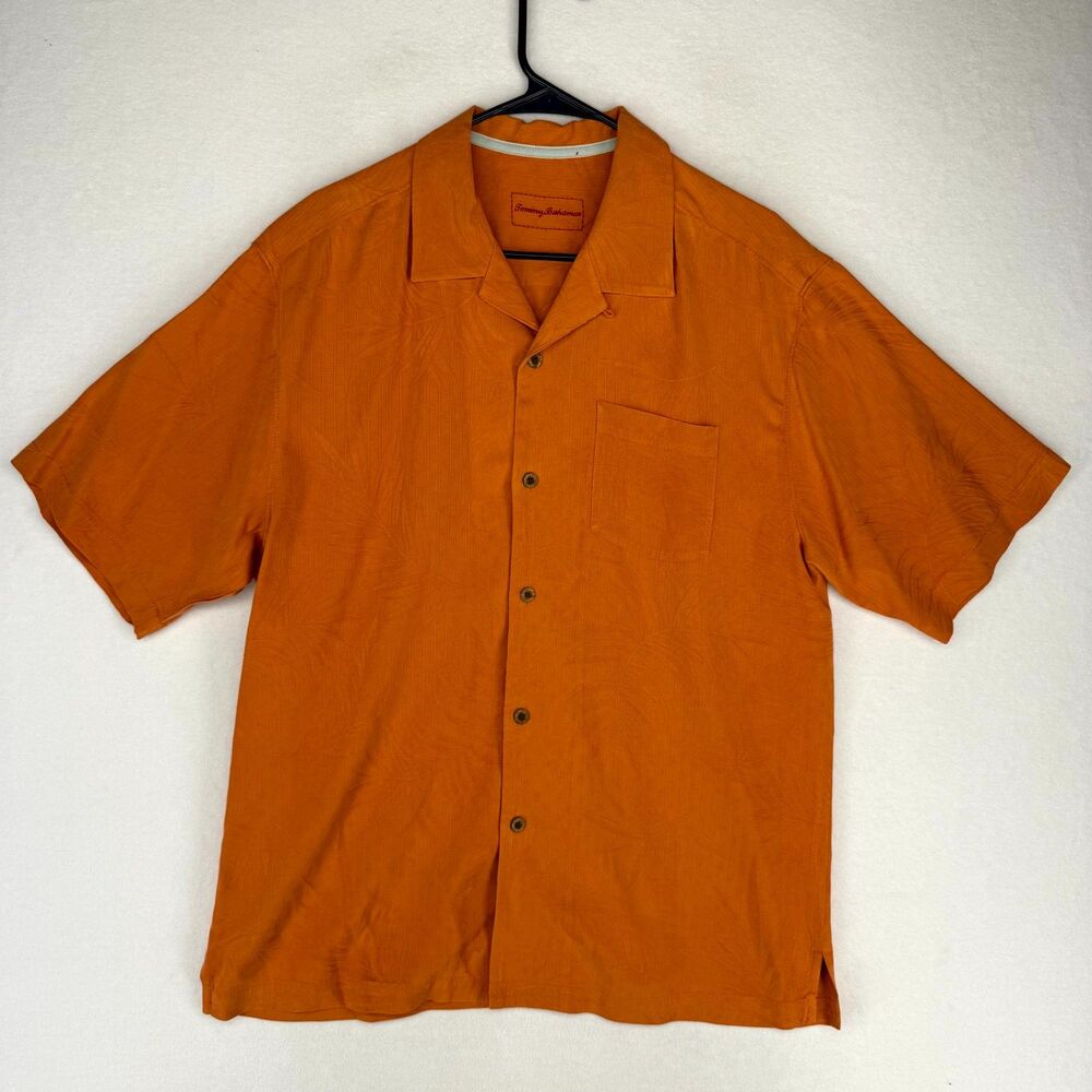 Tommy Bahama Mens 100% Silk Light Orange Palm Tree Short Sleeve Button Shirt M